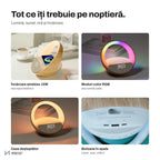 Telefon pus în cupa lămpii NIRU LumoHalo seara, lângă pat