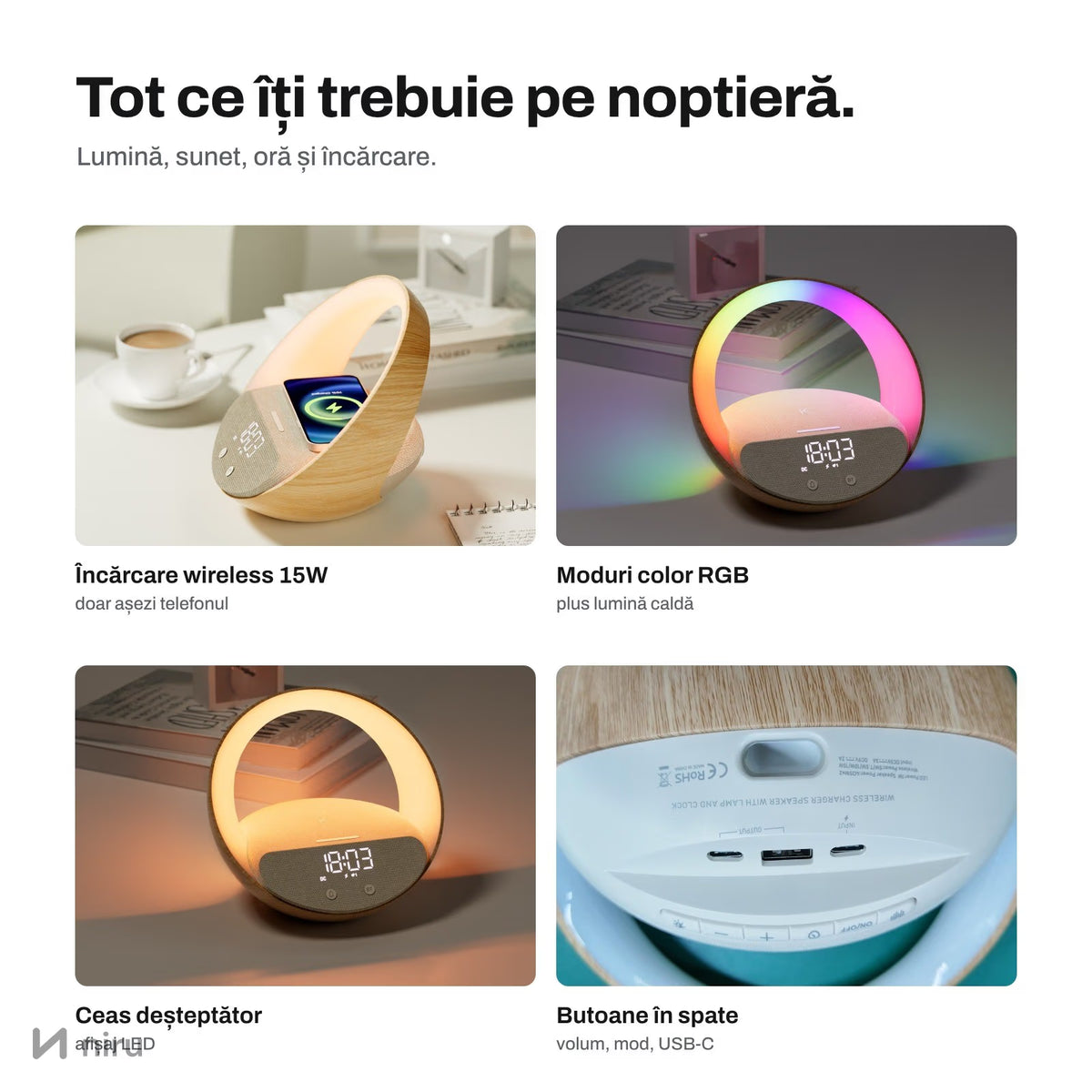 Telefon pus în cupa lămpii NIRU LumoHalo seara, lângă pat