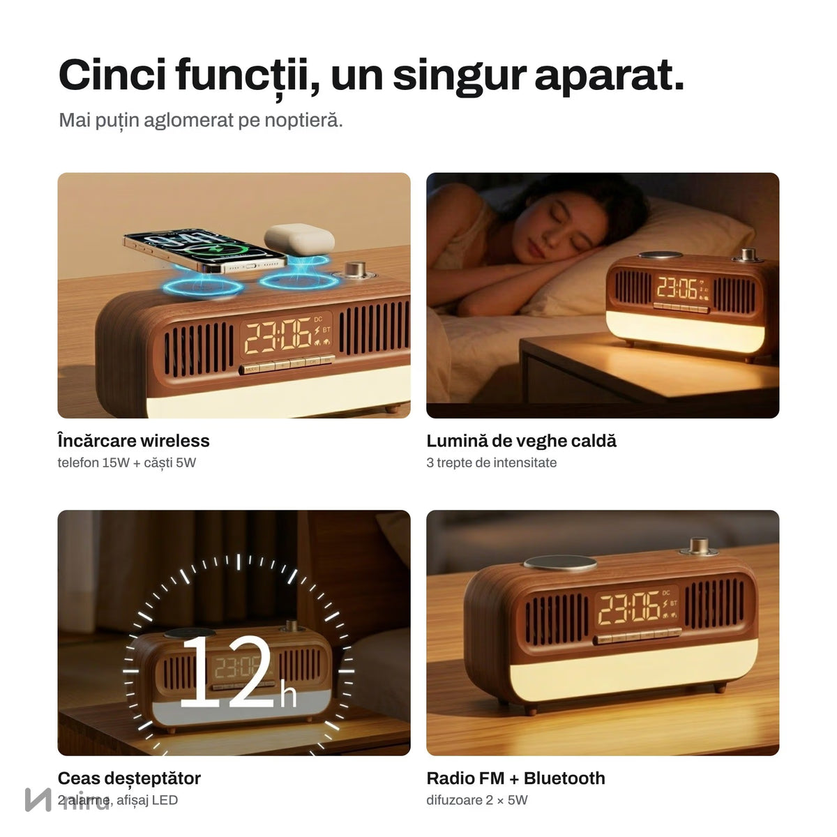 Telefon pus la încărcat wireless pe radioul NIRU NeoRadio, pe noptieră dimineața