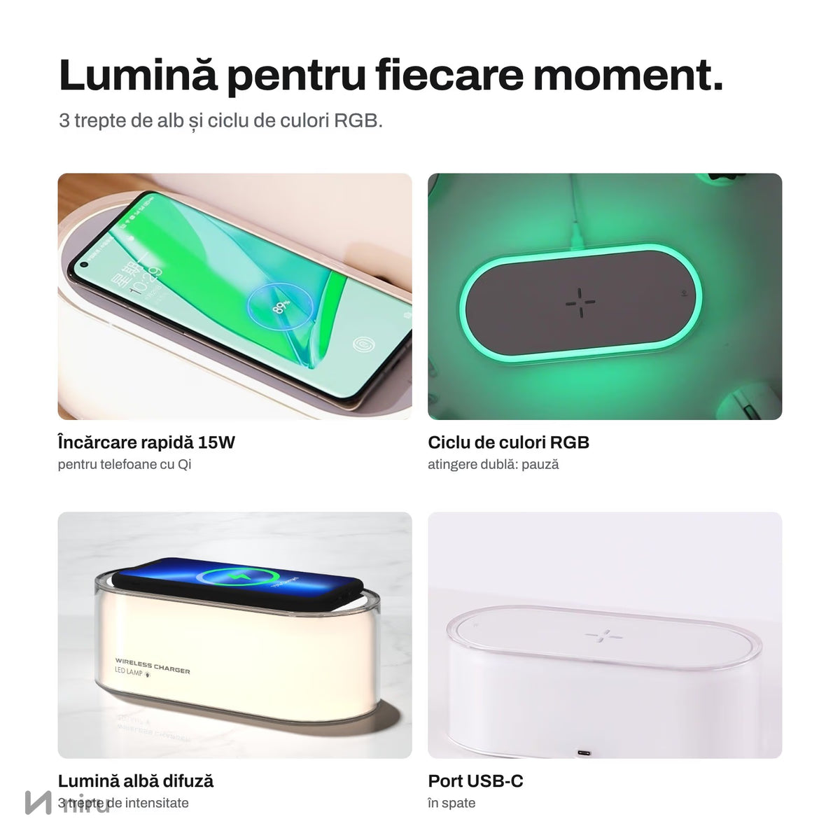 Telefon pus pe lampa cu încărcător wireless NIRU LumoGlow, pe birou