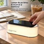 Telefon pus pe lampa cu încărcător wireless NIRU LumoGlow, pe birou